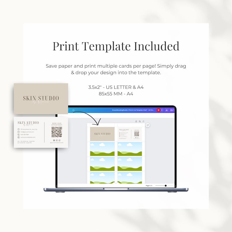 A print template is included for easy at-home printing of your aesthetics business card.