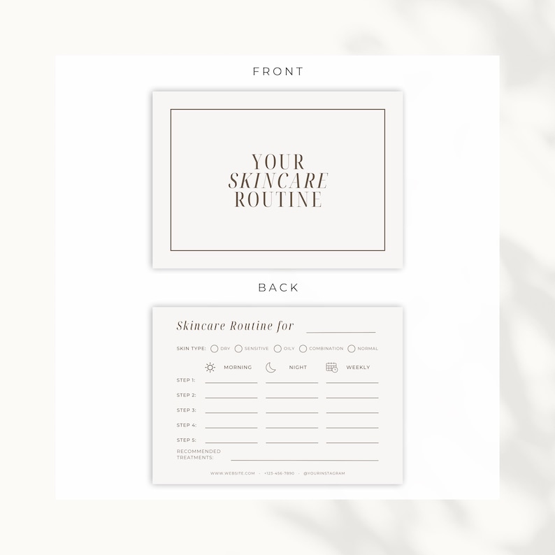 Professional facial aftercare printable for client onboarding, front and back view