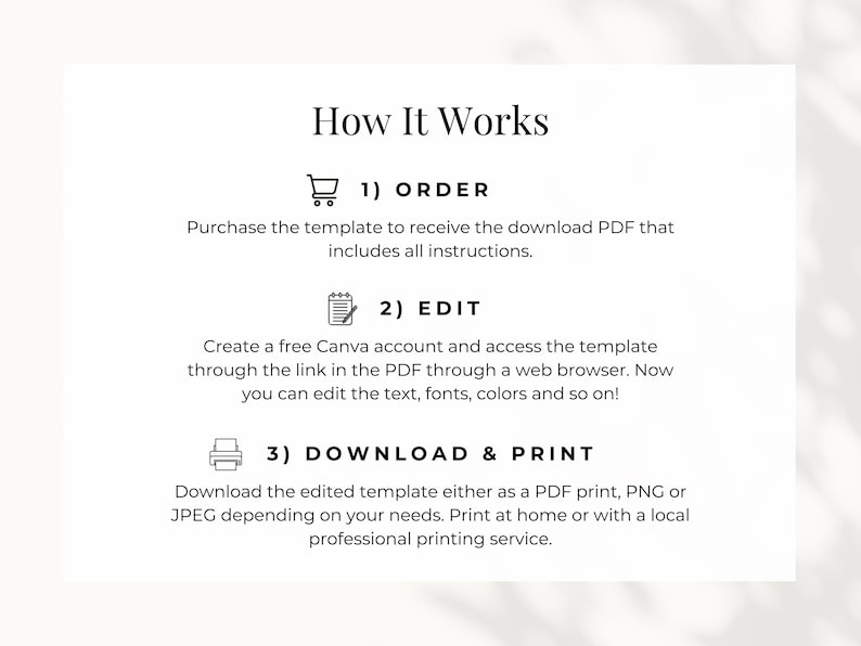 How it works: after purchasing the template, you will receive a download pdf with instructions. Make sure to create a free canva account and access the template through the link in the pdf. When done editing, save your design and print!