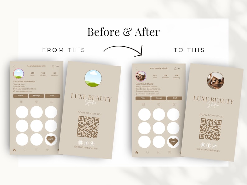 This image shows a before and after of the Instagram business card and what a fully customized business loyalty card could look like.