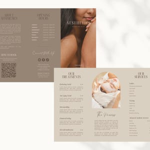 Skincare and beauty price list inside a stylish trifold brochure. Easily editable in Canva with customizable fonts, colors, and text.