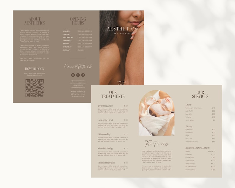Skincare and beauty price list inside a stylish trifold brochure. Easily editable in Canva with customizable fonts, colors, and text.