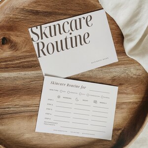 Luxury skincare routine card template with clean neutral aesthetic for beauty brands
