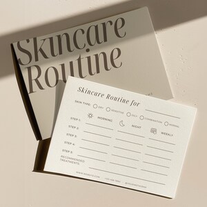 Beige skincare routine card template with clean neutral aesthetic for beauty brands