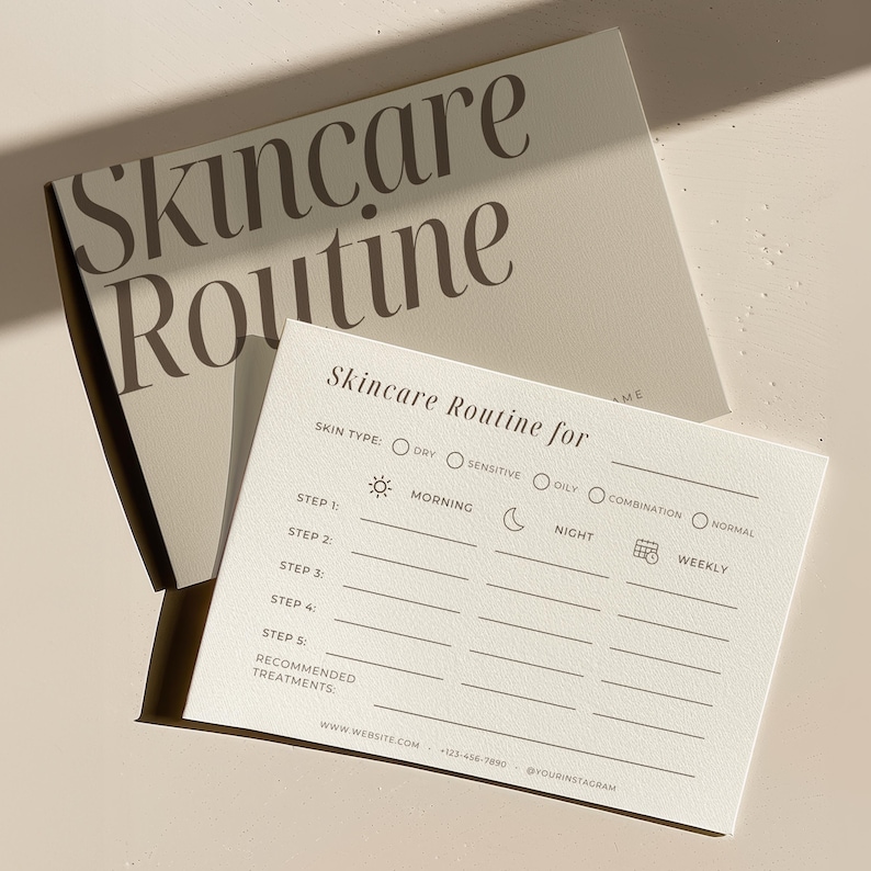 Beige skincare routine card template with clean neutral aesthetic for beauty brands