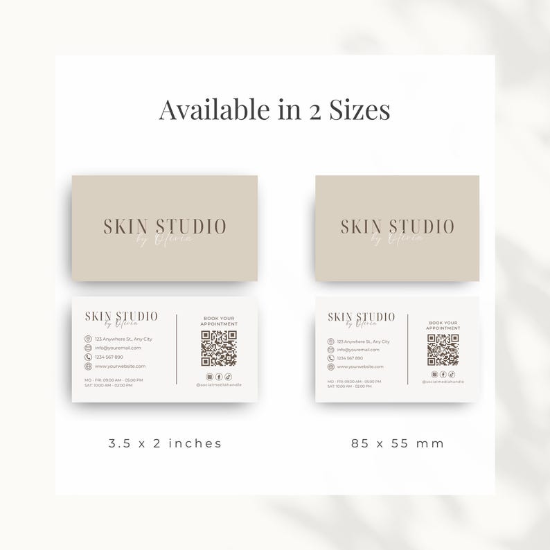 The med spa business card is available in two different sizes: 3.5 x 2 inches and 85 x 55 mm.