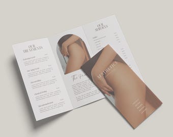 Könnte beinhalten: Eine dreifach gefaltete Broschüre für ein Unternehmen namens "Aesthetics" mit einem nackten Model und dem Text "Unsere Behandlungen" und "Unsere Dienstleistungen" auf dem Vorder- und Hinterdeckel. Die Broschüre listet verschiedene Dienstleistungen und Preise auf.
