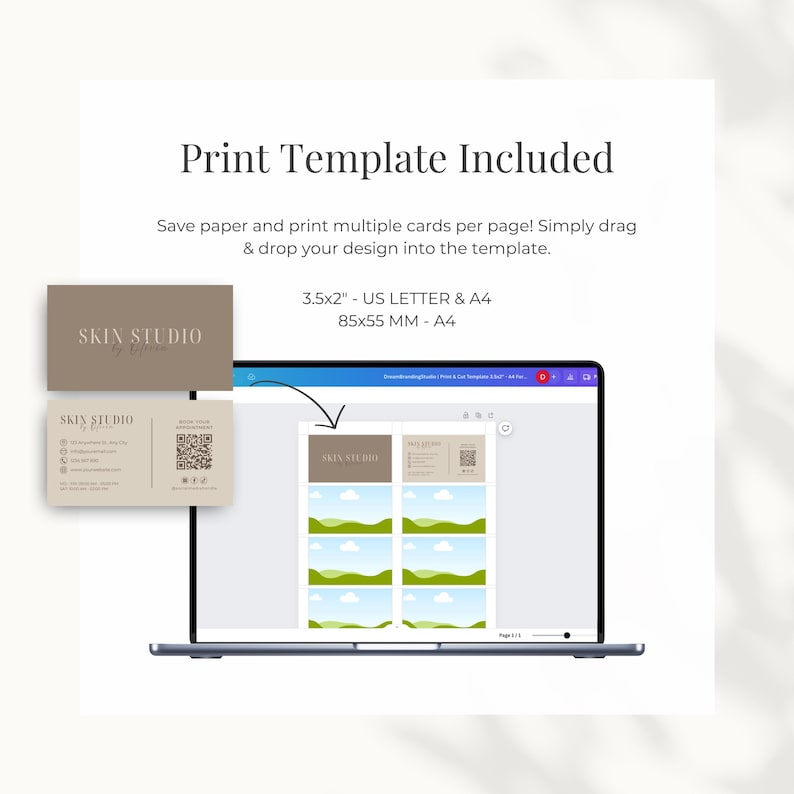 A print template is included for easy at-home printing of your aesthetics business card.