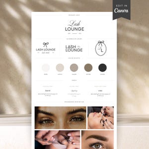 May include: A branding board for Lash Lounge, featuring logos, color palettes, and font examples. The primary logo and alternative logos are displayed. The color palette includes shades of white, beige, and brown. The text "EDIT IN Canva" is in the top right corner.