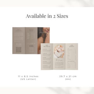 Trifold brochure template available in standard 8.5 x 11 inch (US Letter) and A4 sizes. High-quality, print-ready format for professional branding.