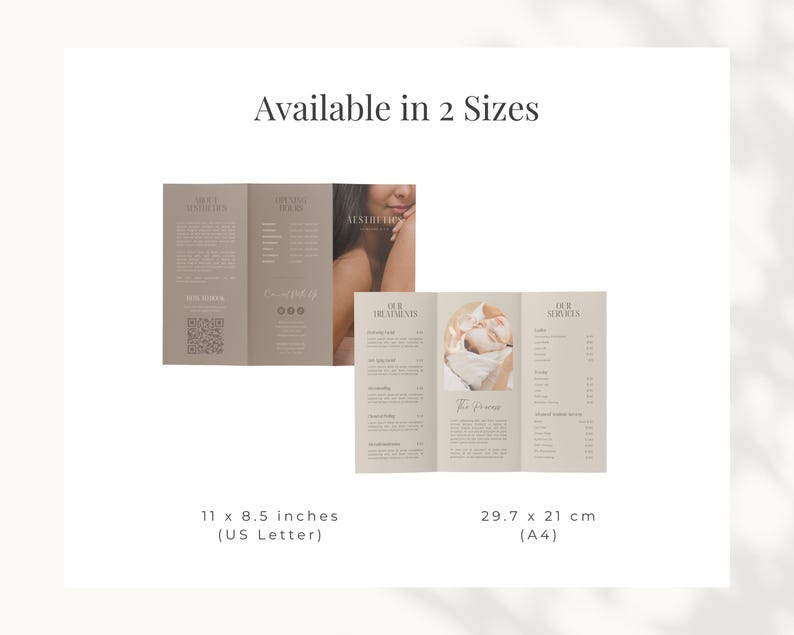 Trifold brochure template available in standard 8.5 x 11 inch (US Letter) and A4 sizes. High-quality, print-ready format for professional branding.