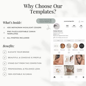 Why Choose our Templates? You will receive in total 400 Instagram Highlight Covers, PNG files and editable canva templates, including all photos. Elevate your brand with a beautiful and cohesive Instagram profile and stand out from the competition.