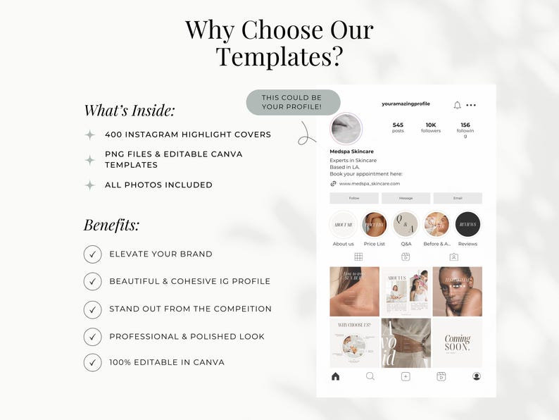 Why Choose our Templates? You will receive in total 400 Instagram Highlight Covers, PNG files and editable canva templates, including all photos. Elevate your brand with a beautiful and cohesive Instagram profile and stand out from the competition.