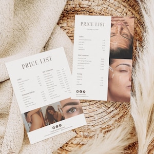 Pode incluir: Dois cartões de lista de preços creme com o texto "PRICE LIST" e "ESTHETICIAN". Os cartões listam serviços como cílios, tratamentos de pele e maquiagem permanente. Os cartões têm imagens de tratamentos de beleza e um identificador de mídia social.
