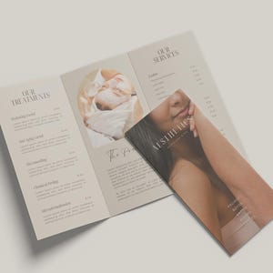 Professional esthetician brochure cover with customizable business name, tagline, and image. Perfect for medspas, skincare clinics, and beauty brands.