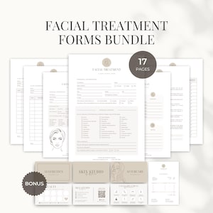 May include: A bundle of facial treatment forms, including client intake forms, medical history, and aftercare instructions. The forms are printed on white paper with a minimalist design and the text "FACIAL TREATMENT FORMS BUNDLE". Includes bonus business cards and a loyalty card.