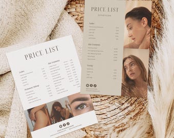 Op de afbeelding: Twee prijslijstkaarten met de tekst "PRICE LIST". De kaarten vermelden diensten zoals wimpers, huidbehandelingen en permanente make-up. De kaarten hebben afbeeldingen van vrouwen en social media-iconen.