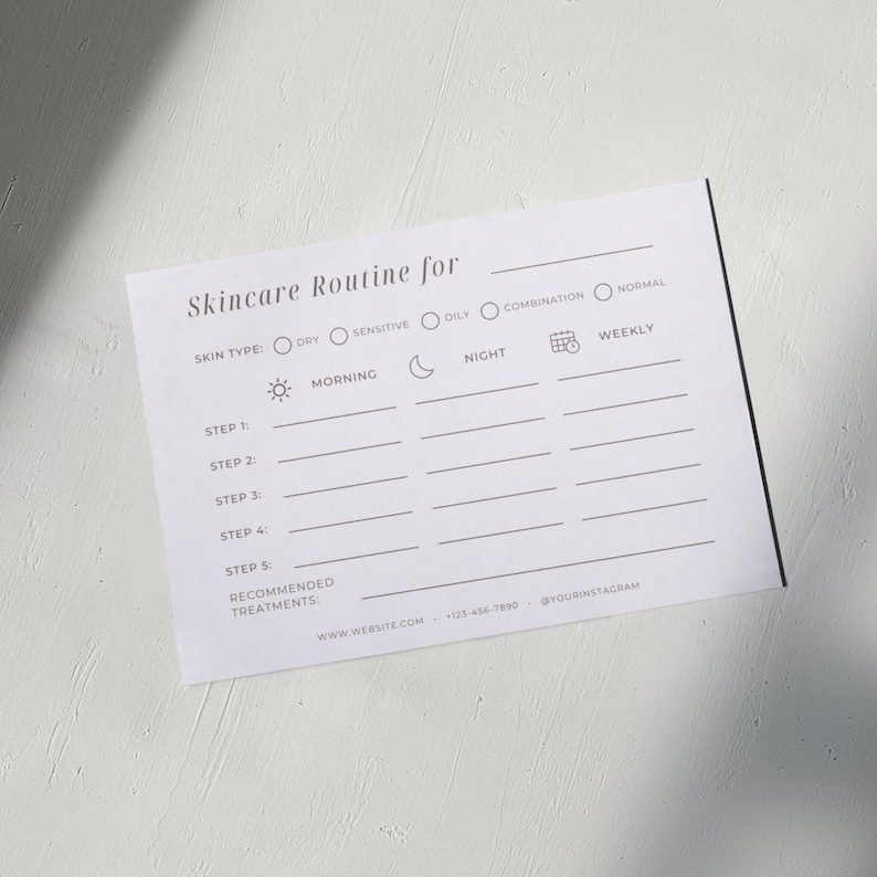 Skincare routine card template used after facial treatments