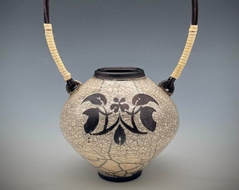 Raku Vase w/ white crackle glaze and fiber handle