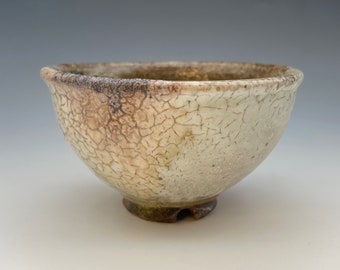 Chawan, wood-fired iron rich stoneware with crawling shino and natural ash glazes