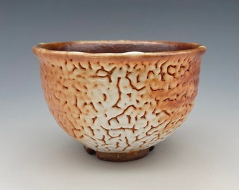 Chawan, wood-fired iron rich stoneware with crawling shino and natural ash glazes