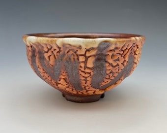 Chawan, wood-fired iron rich stoneware with crawling shino and natural ash glazes