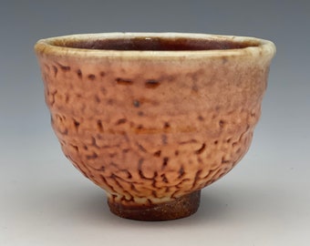 Teacup, wood-fired iron rich stoneware with crawling shino and natural ash glazes