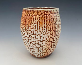 Ikebana Vase, wood-fired stoneware w/ crawling shino and natural ash glazes