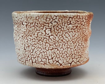 Chawan, wood-fired iron rich stoneware with crawling shino and natural ash glazes