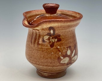 Tiny Shiboridashi Teapot (50ml.), iron-rich stoneware w/ Shino type glaze and iron decoration