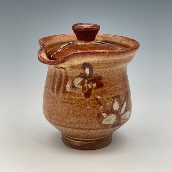 Tiny Shiboridashi Teapot (50ml.), iron-rich stoneware w/ Shino type glaze and iron decoration