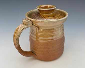 Covered Mug (16 oz), wood-fired stoneware w/ clear and natural ash glazes