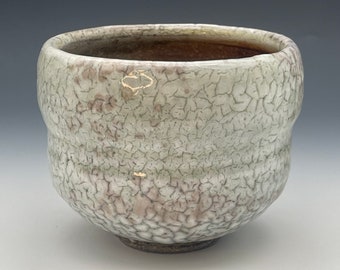 Chawan, wood-fired iron rich stoneware with crawling shino and natural ash glazes