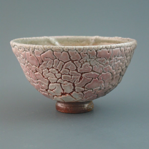 Chawan, wood-fired iron rich stoneware with crawling shino and natural ash glazes