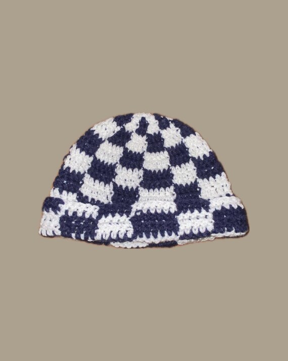 Checkered Blue and White Crochet Beanie, Handmade Accessory 