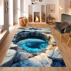 Puede incluir: Una alfombra rectangular con una representación 3D de una piscina natural. La alfombra presenta una representación realista de una piscina turquesa rodeada de formaciones rocosas. La alfombra está diseñada para crear una ilusión de profundidad y belleza natural.