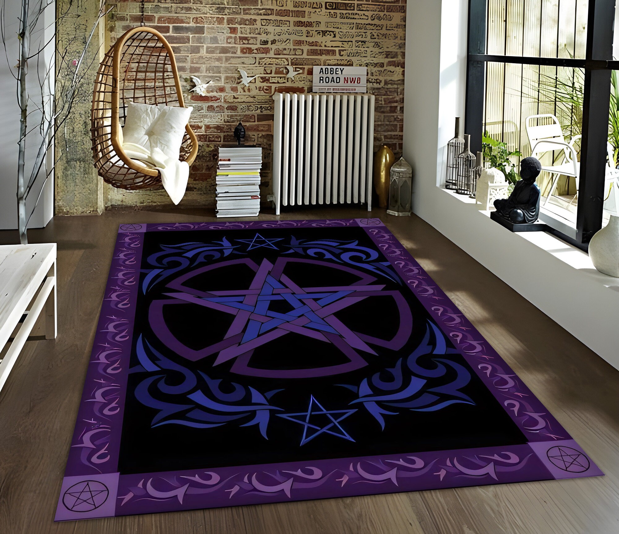 Pentagram Area Rug: Purple Blue Satanism Decor, Mystic Ritual Rug