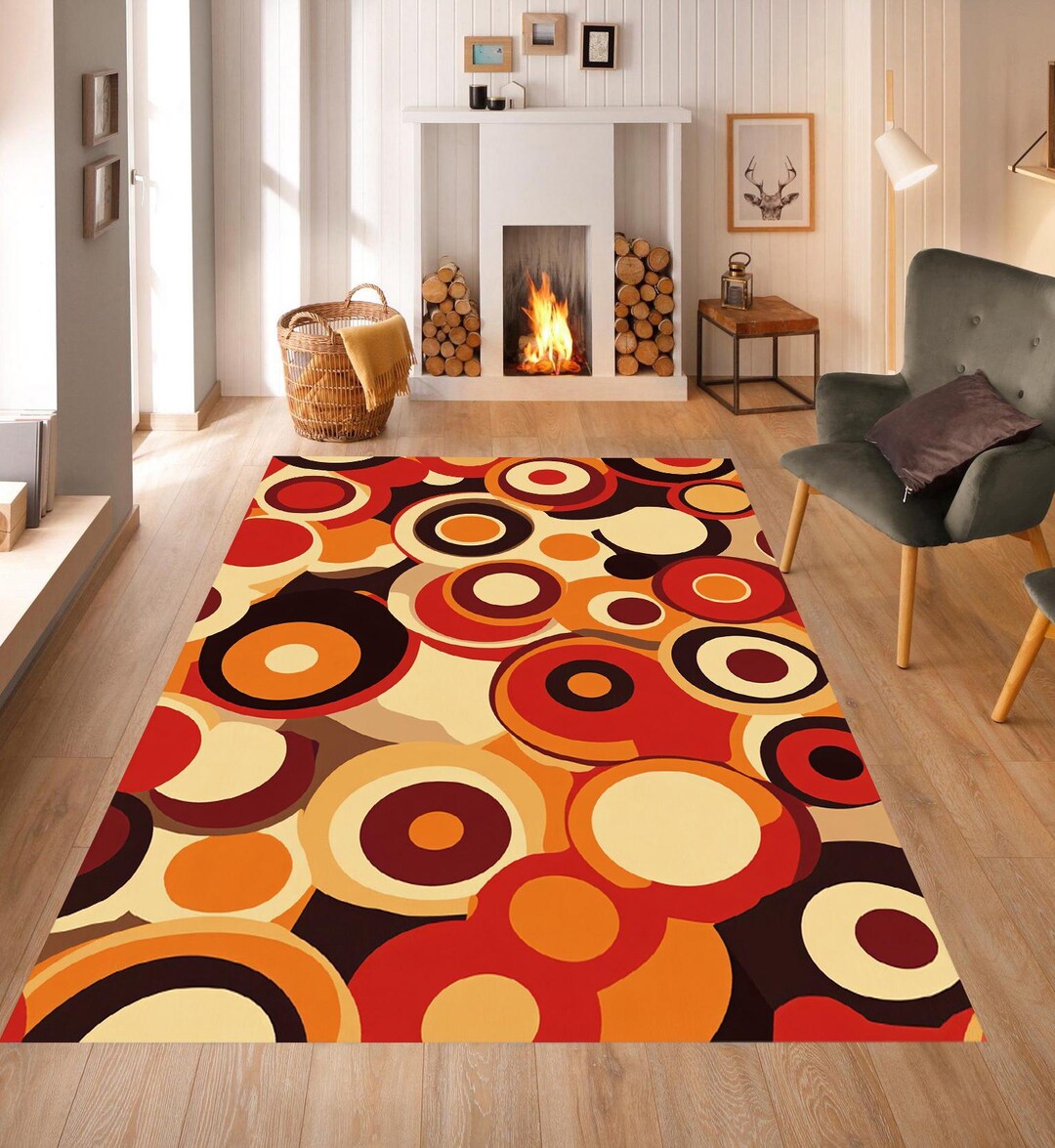 70s Retro Area Rug: Burnt Orange Geometric Mid Century Modern