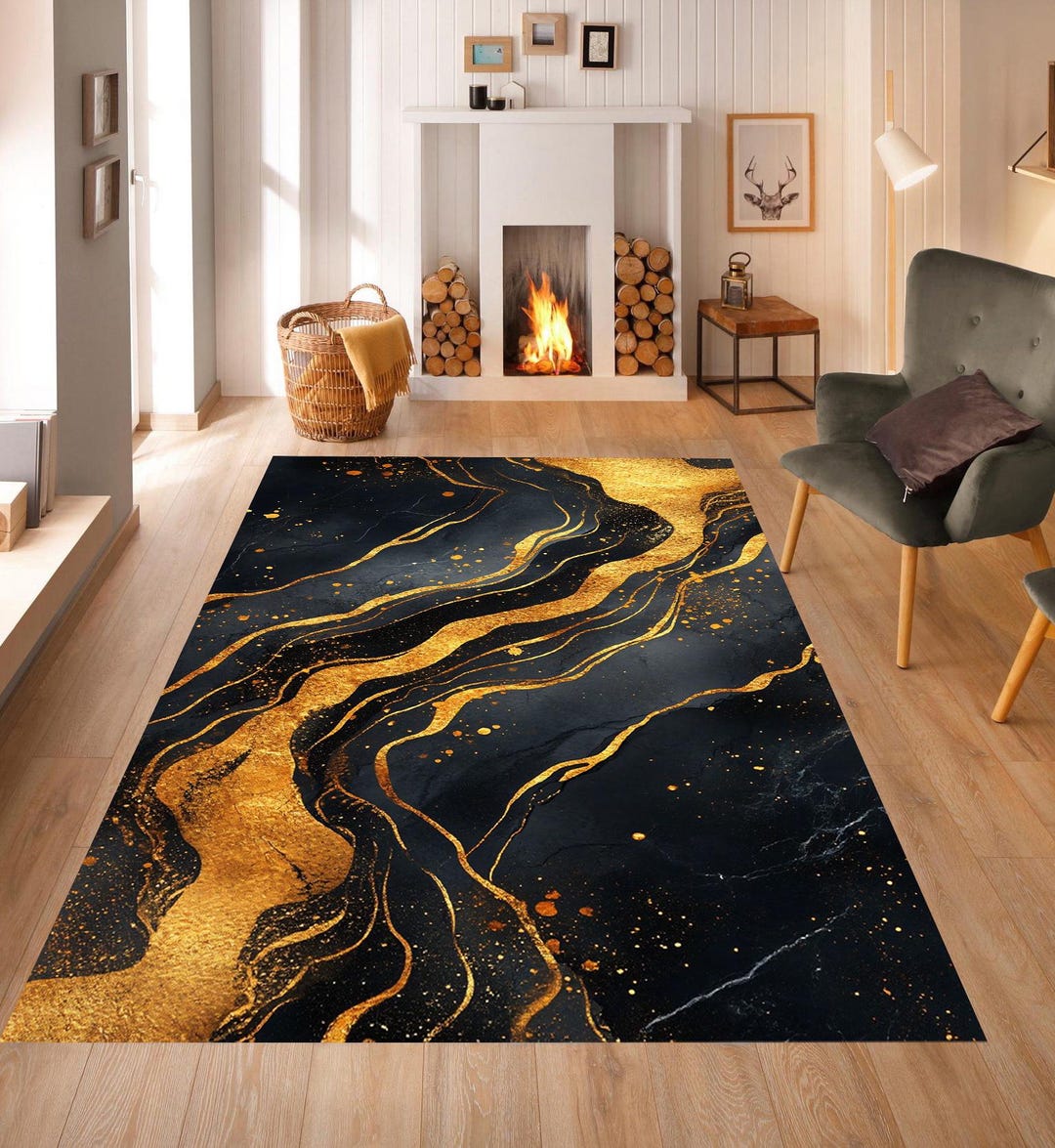 Golden Marble Rug, Marble Pattern Rug, Black Color Rug, Luxury Rug ...