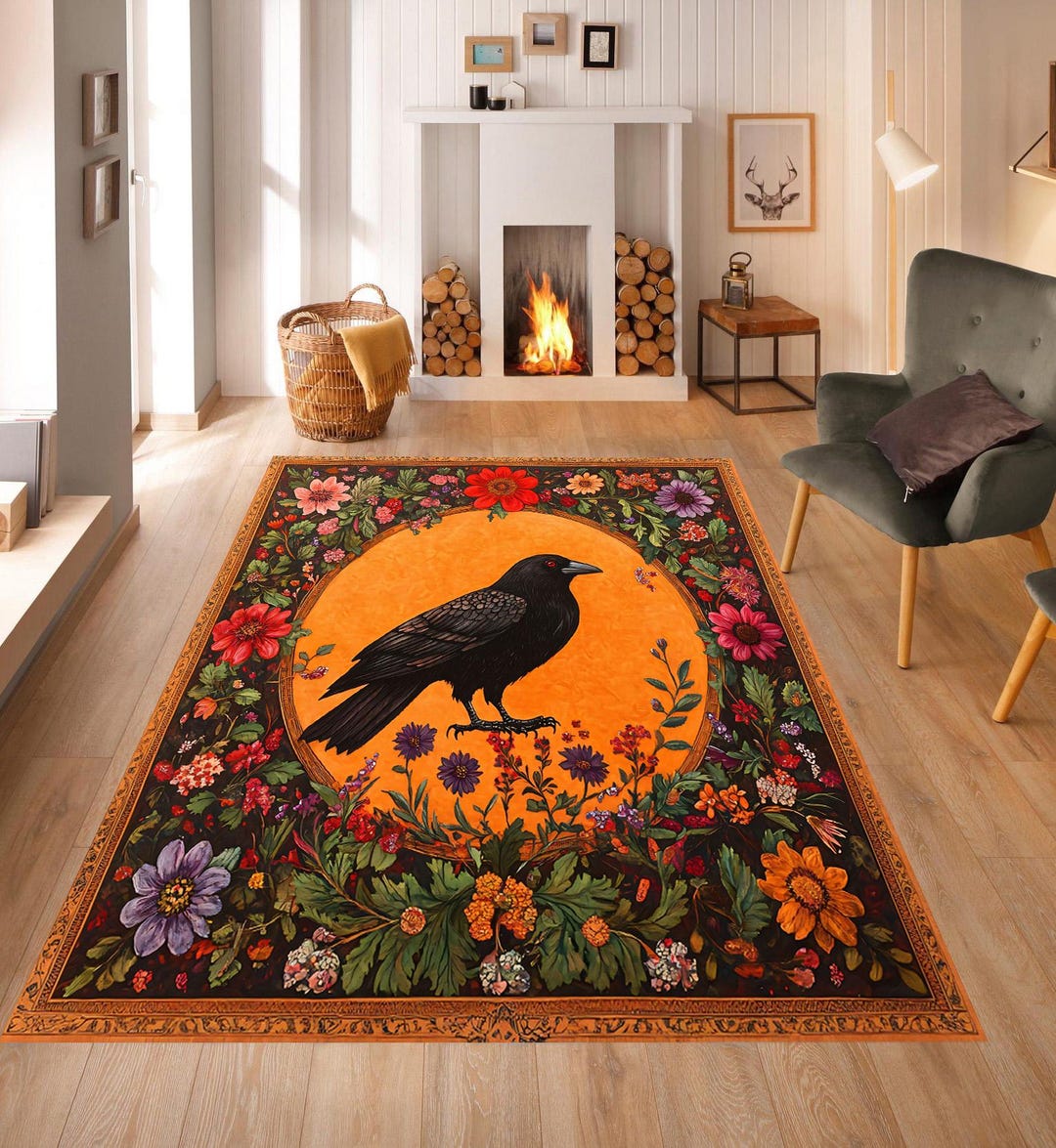 Gothic Crow Rug: Floral Pattern, Modern Home Decor - Etsy