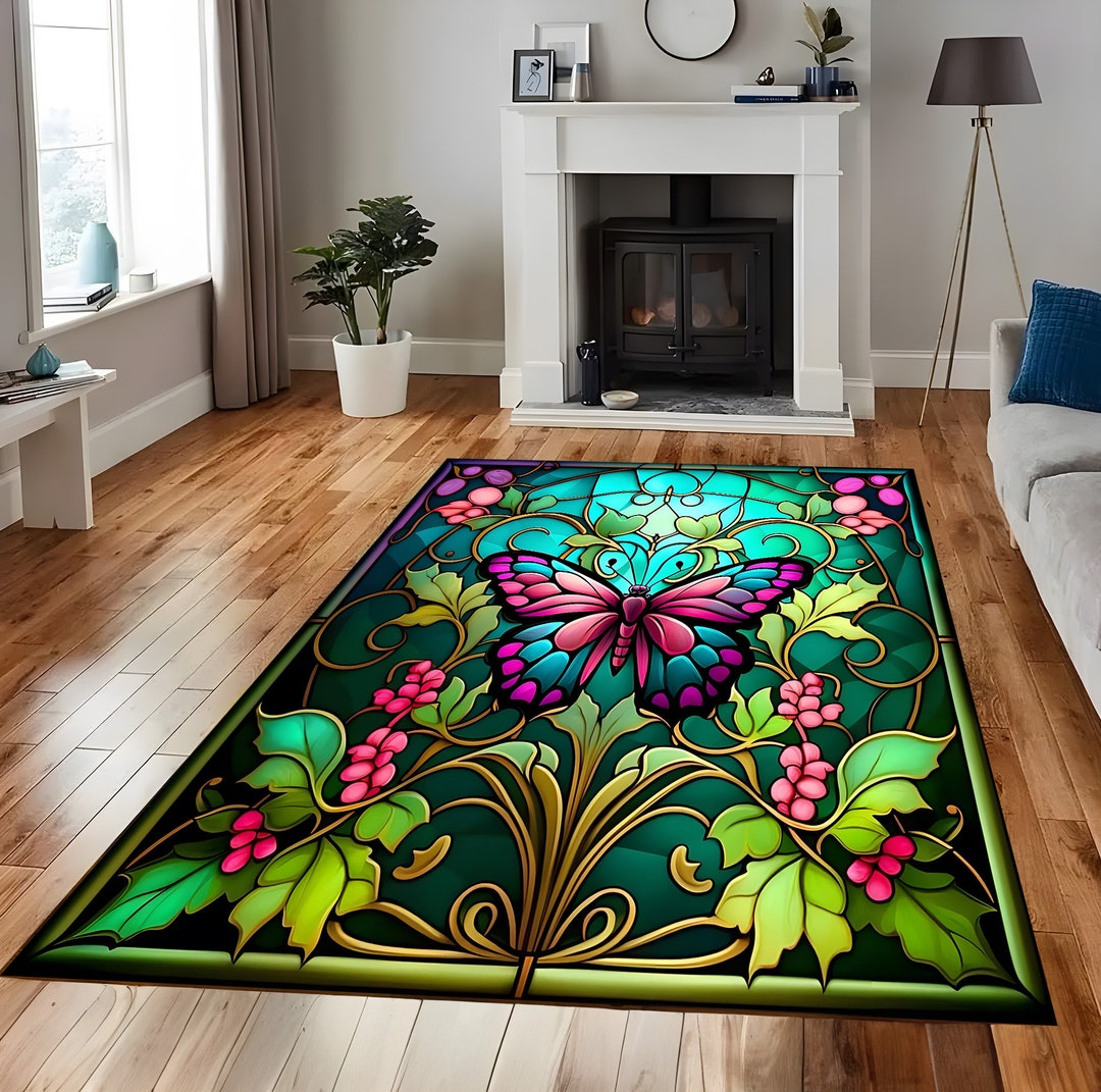 Stained Glass Rug Design Butterfly, Stained Glass, Modern Area Rug, Kids Room, Girls Room ...