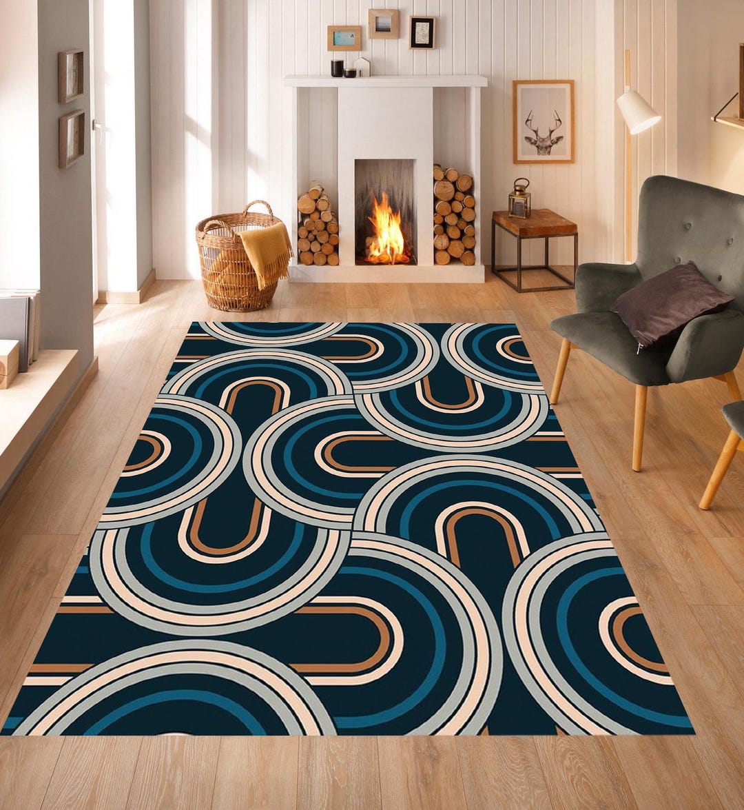 Colorful 70s Retro Geometric Rug, Mid Century Modern Living Room Decor ...