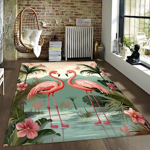 Pink Flamingo Rug: Tropical Floral Landscape, Living Room Decor (19.7 x 27.5 inch)