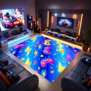 Neon Gamermatta, Retro Controller-spelrumsinredning, Tvättbar bomullsmatta