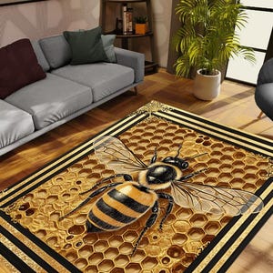 Bee Area Rug, Honeycomb Rug, Gold Black Color, Farm Decor Rug, Kitchen Decor Rug, Gift For Him Her,Housewarming Gift,Washable Rug,Modern Rug