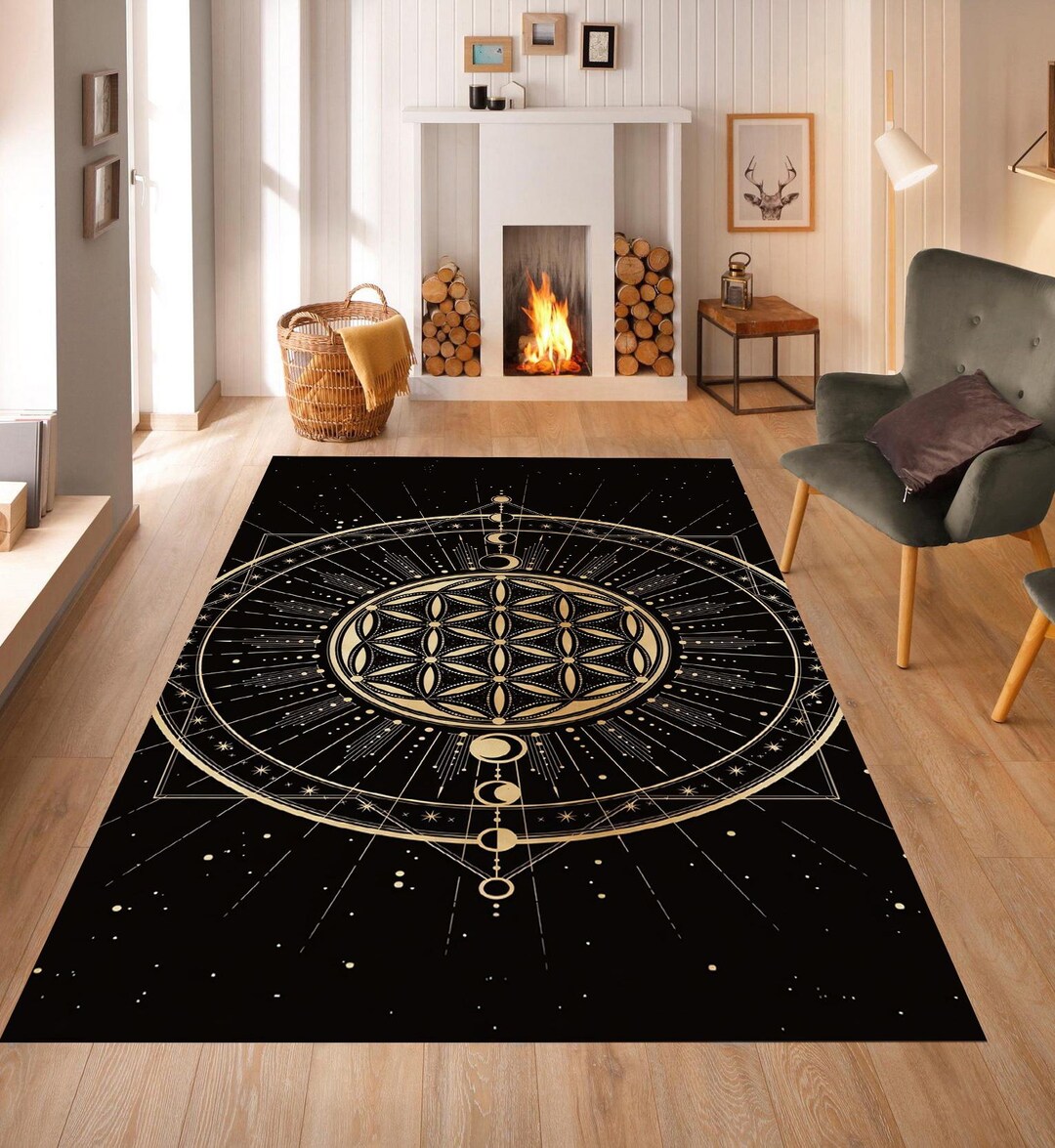 Flower of Life, Astrology Rug, Numerology Rug, Black Gold Rug, Elegance ...