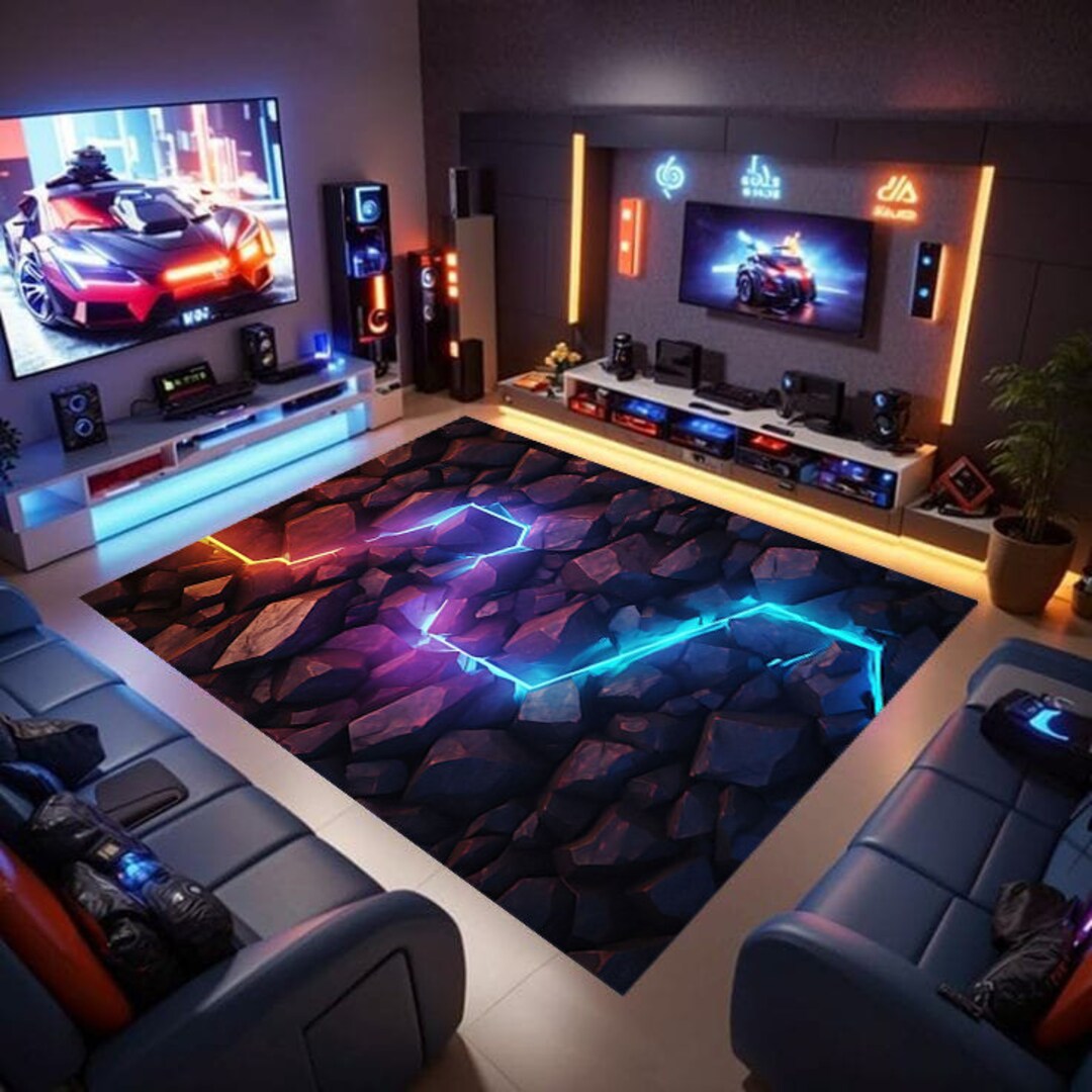 Gamer Rug, Stone Rug, Neon Game Rug, Neon Look Rug, Shining Rug, Boys ...