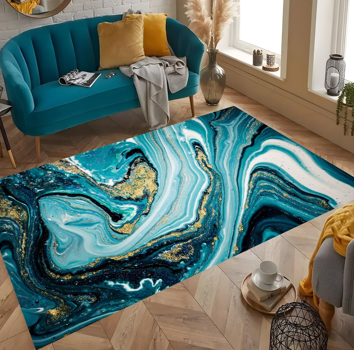 Silver Glitter Turquoise Rug: Modern Marble Area Rug - Etsy