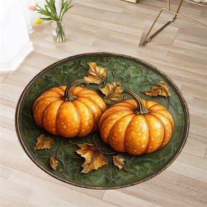 Round Rug, 3D Halloween Decor, Pumpkin Rug, Dry Leaves Rug, Autumn Themed Rug, Halloween Gift, Halloween Concept, Orange Pumpkin, Decor Rug