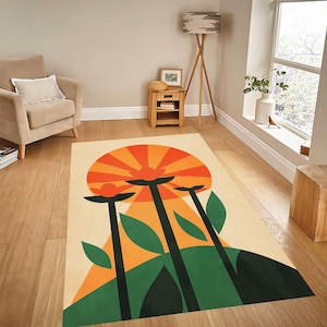 Mid Century Modern Flower Rug: Abstract Floral Area Rug
